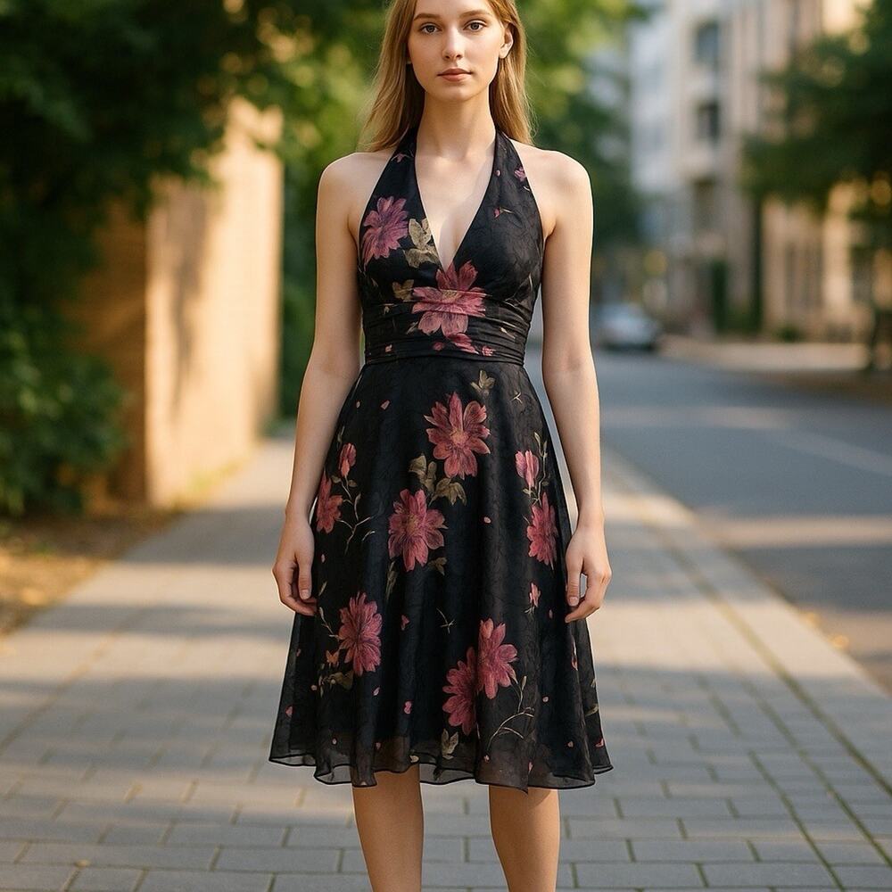 Robbie Bee Black Halter Backless Dress with Pink Floral Print